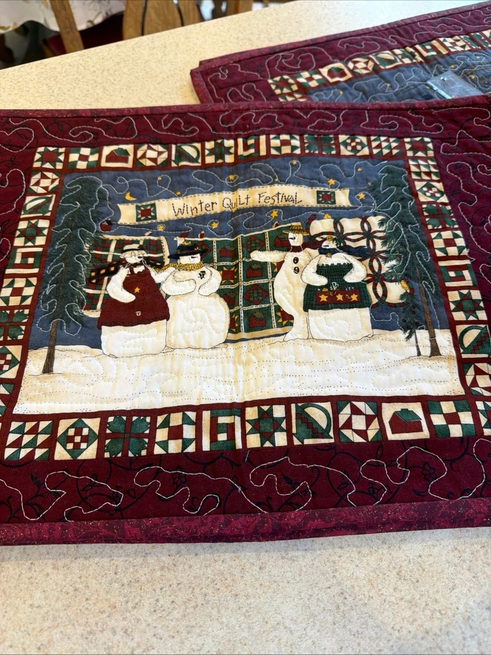 Winter Quilt Guild Snowmen set of 4 placements - Burgundy reversible